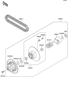 Driven Converter/Drive Belt Diagram and Parts List for KAF620RDFA 2013 Kawasaki Lawn Tractor Accessories