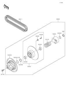 Driven Converter/Drive Belt Diagram and Parts List for KAF620SKF 2019 Kawasaki Lawn Tractor Accessories