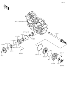 Front Bevel Gear Diagram and Parts List for KRF800JNFNL 2022 Kawasaki Lawn Tractor Accessories