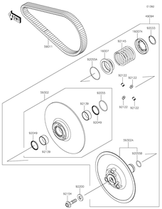Driven Converter/Drive Belt Diagram and Parts List for KRF1000CPFNN 2023 Kawasaki Lawn Tractor Accessories