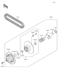 Driven Converter/Drive Belt Diagram and Parts List for KAF620RHF 2017 Kawasaki Lawn Tractor Accessories