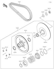 Driven Converter/Drive Belt Diagram and Parts List for KRF800FNFNN 2022 Kawasaki Lawn Tractor Accessories