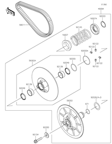 Driven Converter/Drive Belt Diagram and Parts List for KDF1000ANFNN 2022 Kawasaki Lawn Tractor Accessories