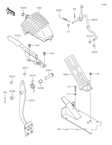 Brake Pedal/Throttle Lever Diagram and Parts List for KAF620MLF 2020 Kawasaki Lawn Tractor Accessories