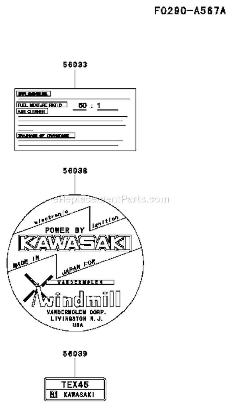 Page H Diagram and Parts List for TEX45D AC54 Kawasaki Engine