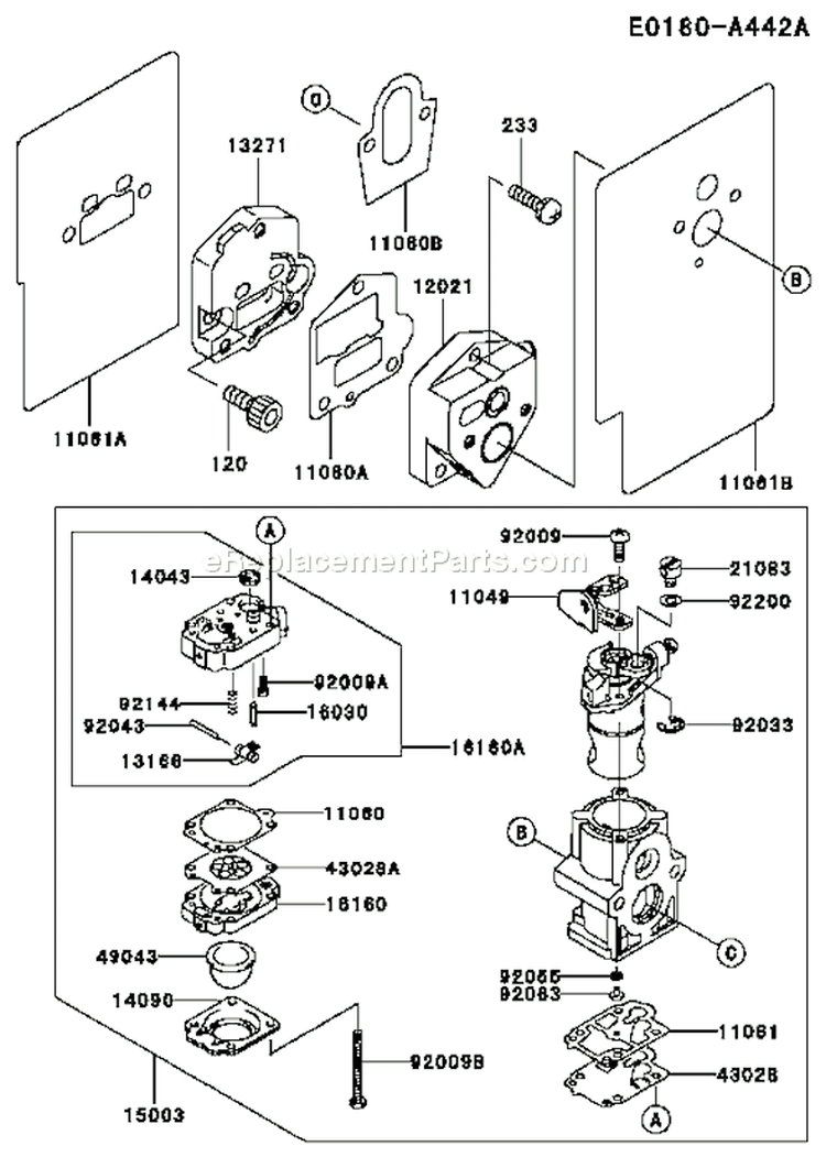 Page B Diagram and Parts List for TEX45D AC63 Kawasaki Engine