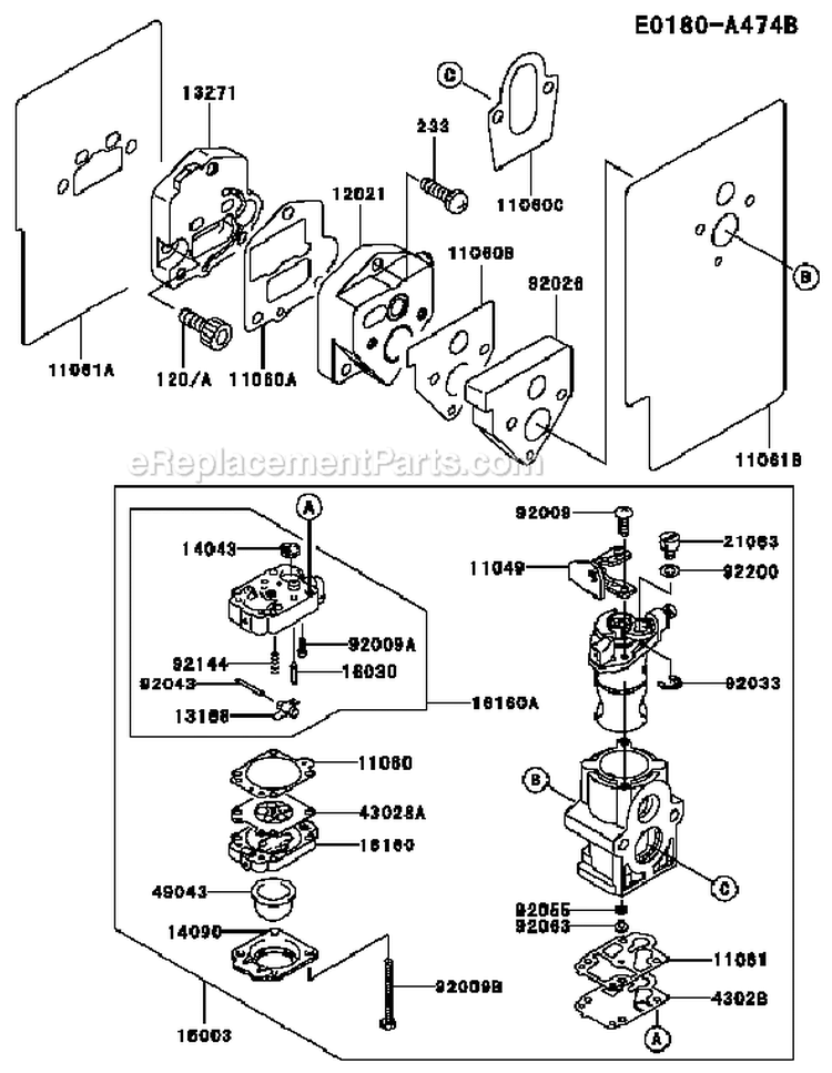 Page B Diagram and Parts List for TEX54D BC55 Kawasaki Engine