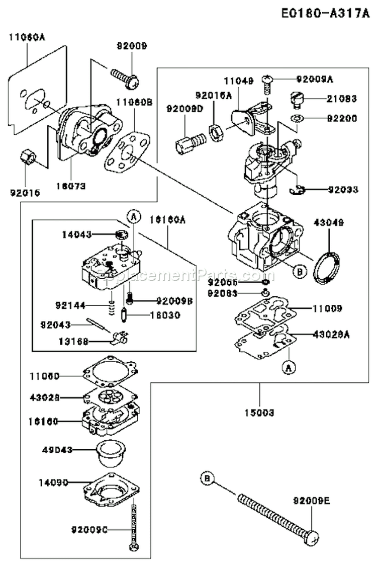 Page B Diagram and Parts List for TH026D AF70 Kawasaki Engine