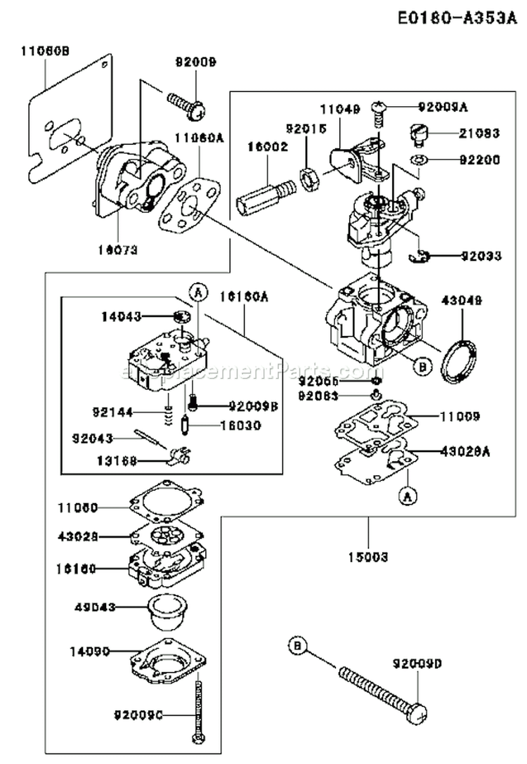 Page B Diagram and Parts List for TH034D AF70 Kawasaki Engine