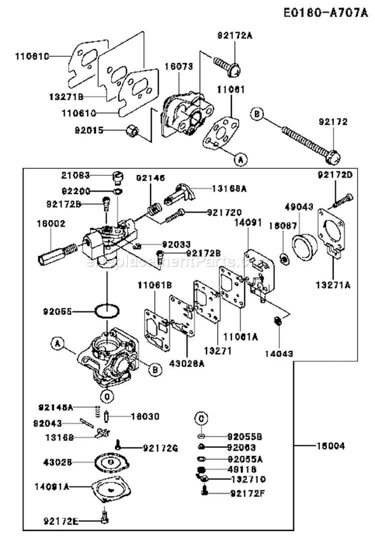 Page B Diagram and Parts List for TJ027D AT75 Kawasaki Engine