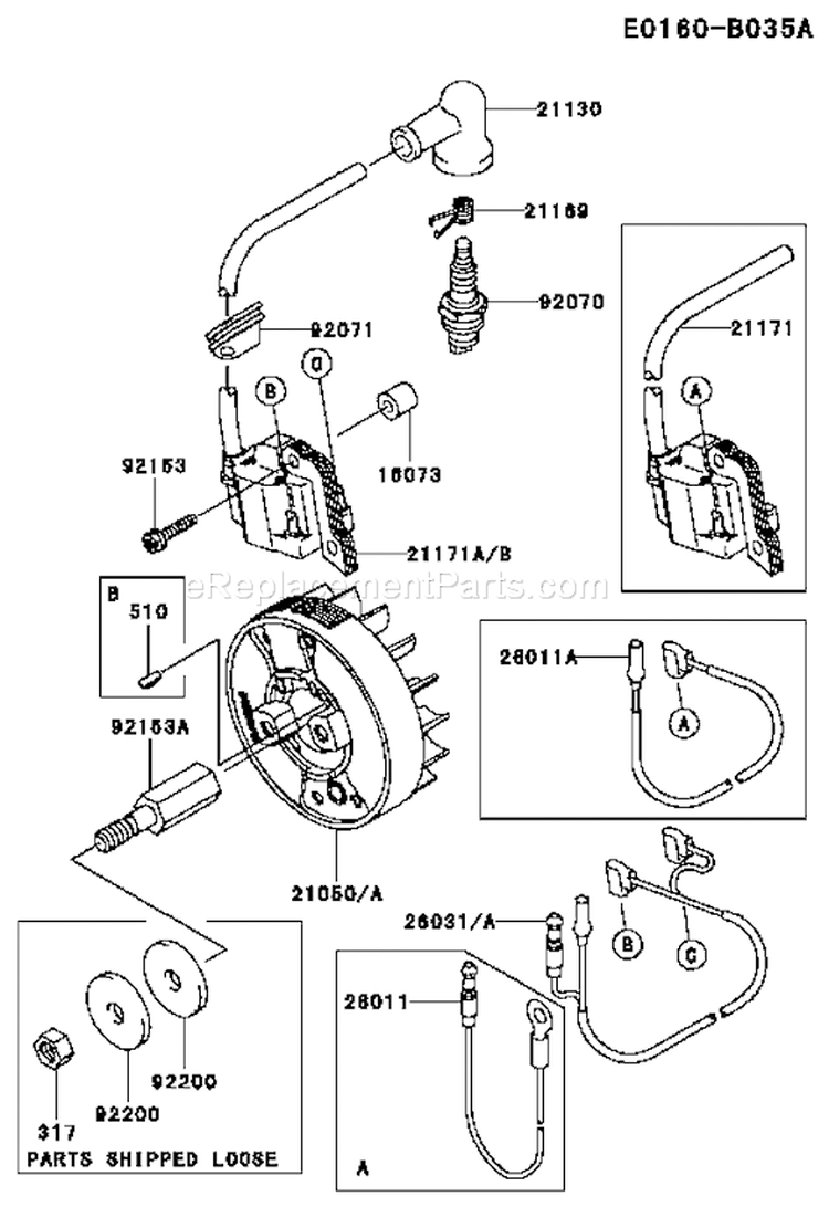 Page E Diagram and Parts List for TJ027D AC55 Kawasaki Engine