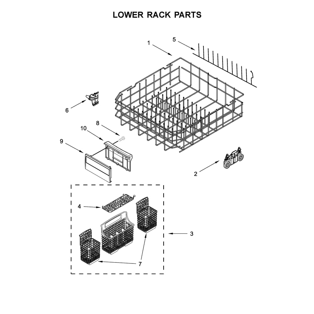 Lower Rack Parts Diagram and Parts List for 2214799N512  Kenmore Dishwasher