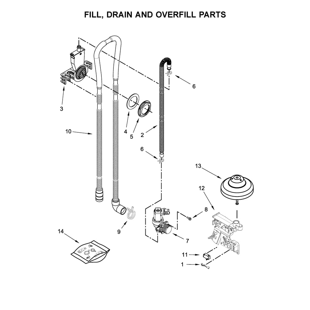 Fill, Drain And Overfill Parts Diagram and Parts List for 2217382N710  Kenmore Dishwasher