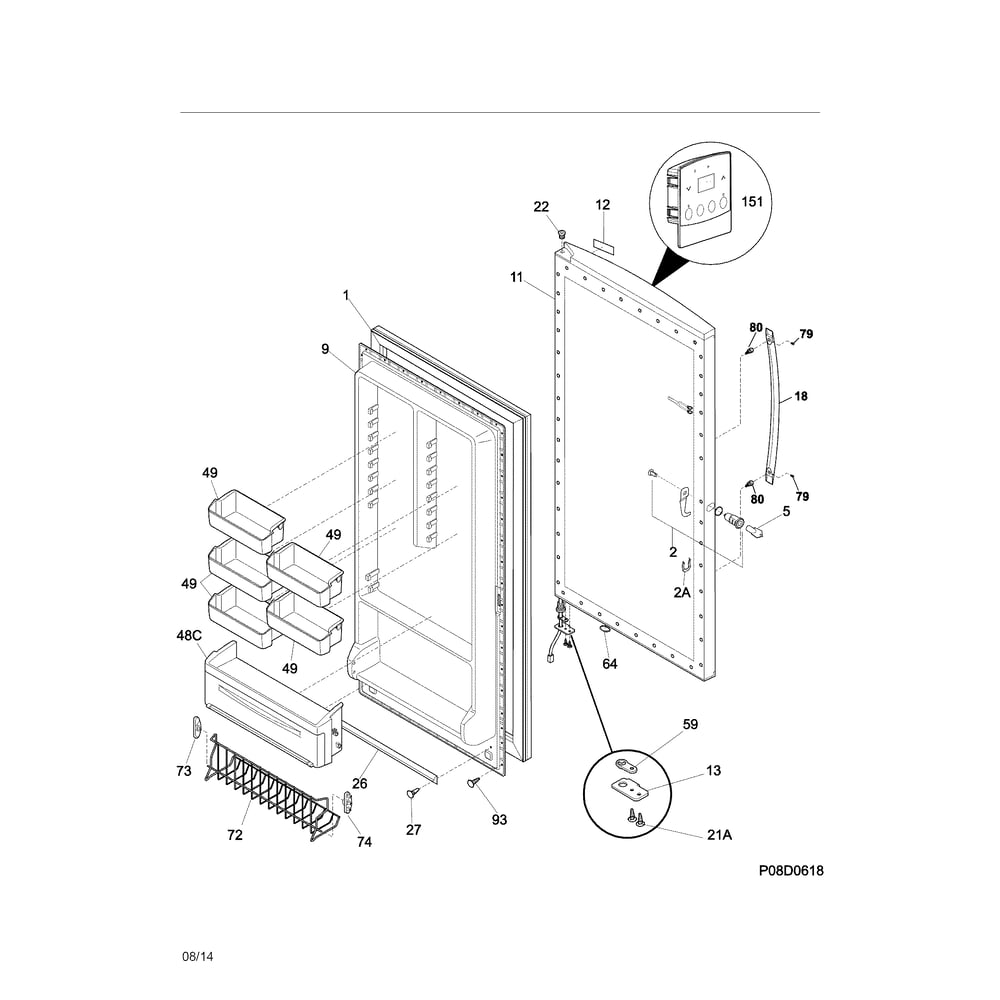 Door Diagram and Parts List for 253280998012  Kenmore Freezer