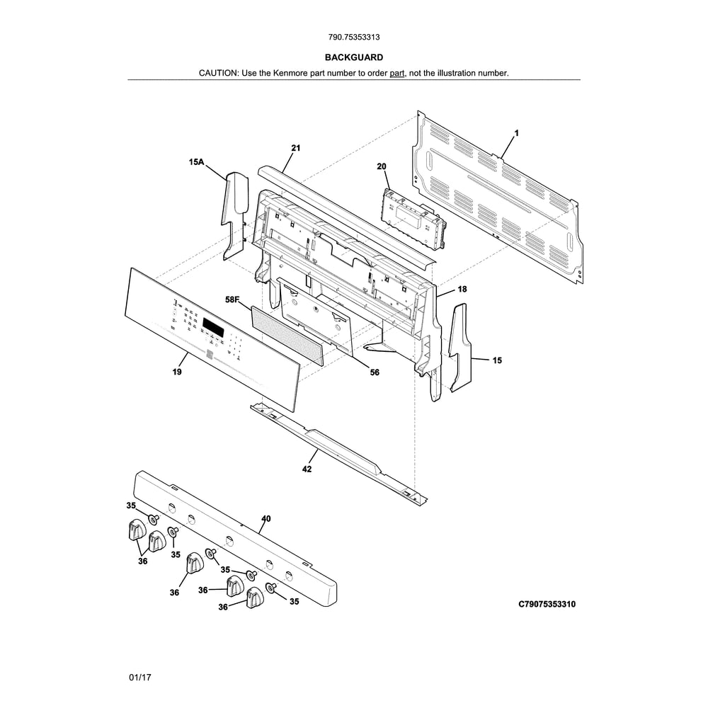 Backguard Diagram and Parts List for 79075353313  Kenmore Range