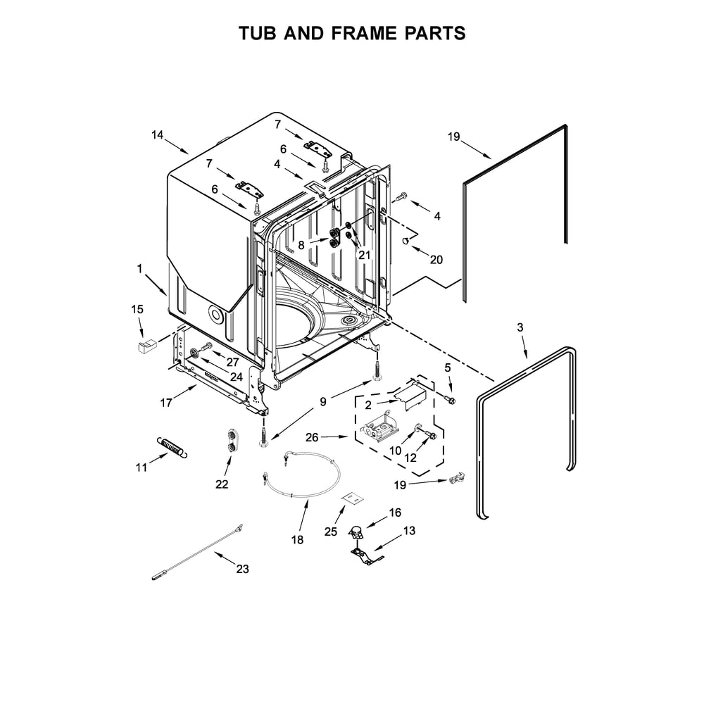 Tub And Frame Parts Diagram and Parts List for 2214573N612  Kenmore Dishwasher