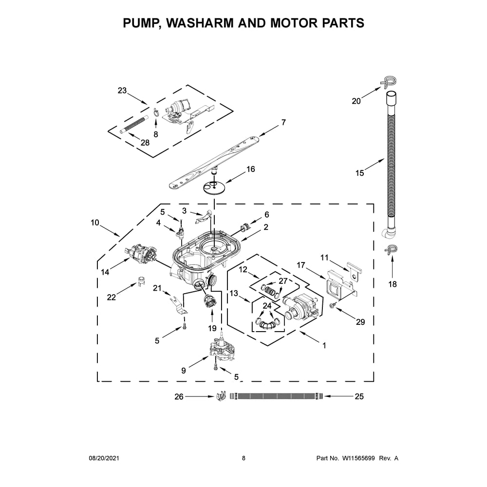 Pump, Washarm And Motor Parts 1 Diagram and Parts List for 66514145N120  Kenmore Dishwasher