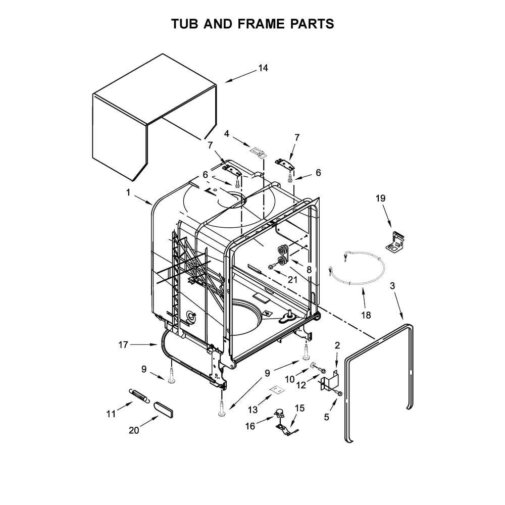 Tub And Frame Parts Diagram and Parts List for 2217382N710  Kenmore Dishwasher