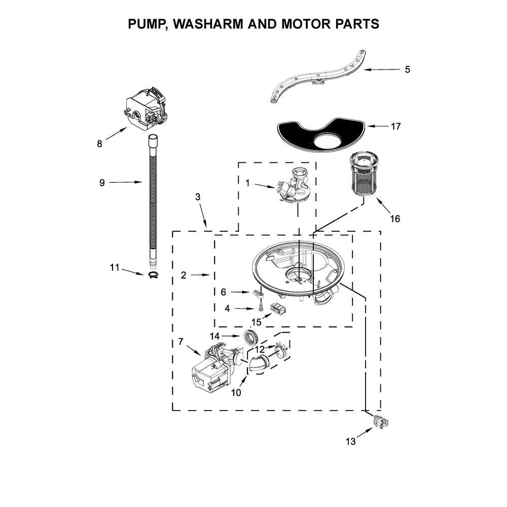 Pump, Washarm And Motor Parts Diagram and Parts List for 2217382N710  Kenmore Dishwasher