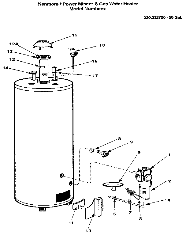 Replacement parts Diagram and Parts List for 220332700  Kenmore Water Heater