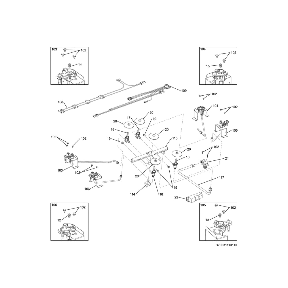 Burner Diagram and Parts List for 79031113510  Kenmore Cooktop