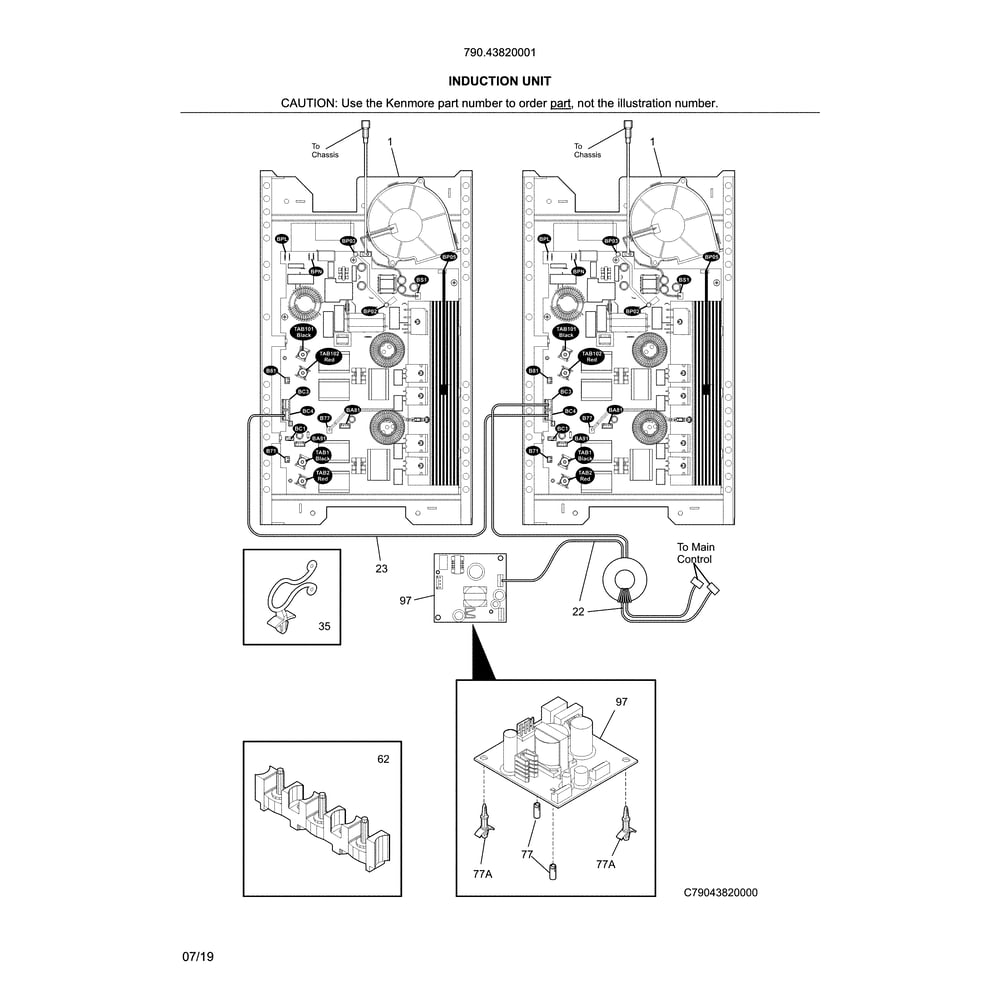Induction Unit Diagram and Parts List for 79043820001  Kenmore Cooktop