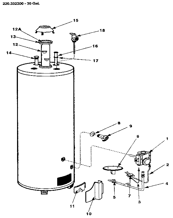 Replacement parts Diagram and Parts List for 220332300  Kenmore Water Heater