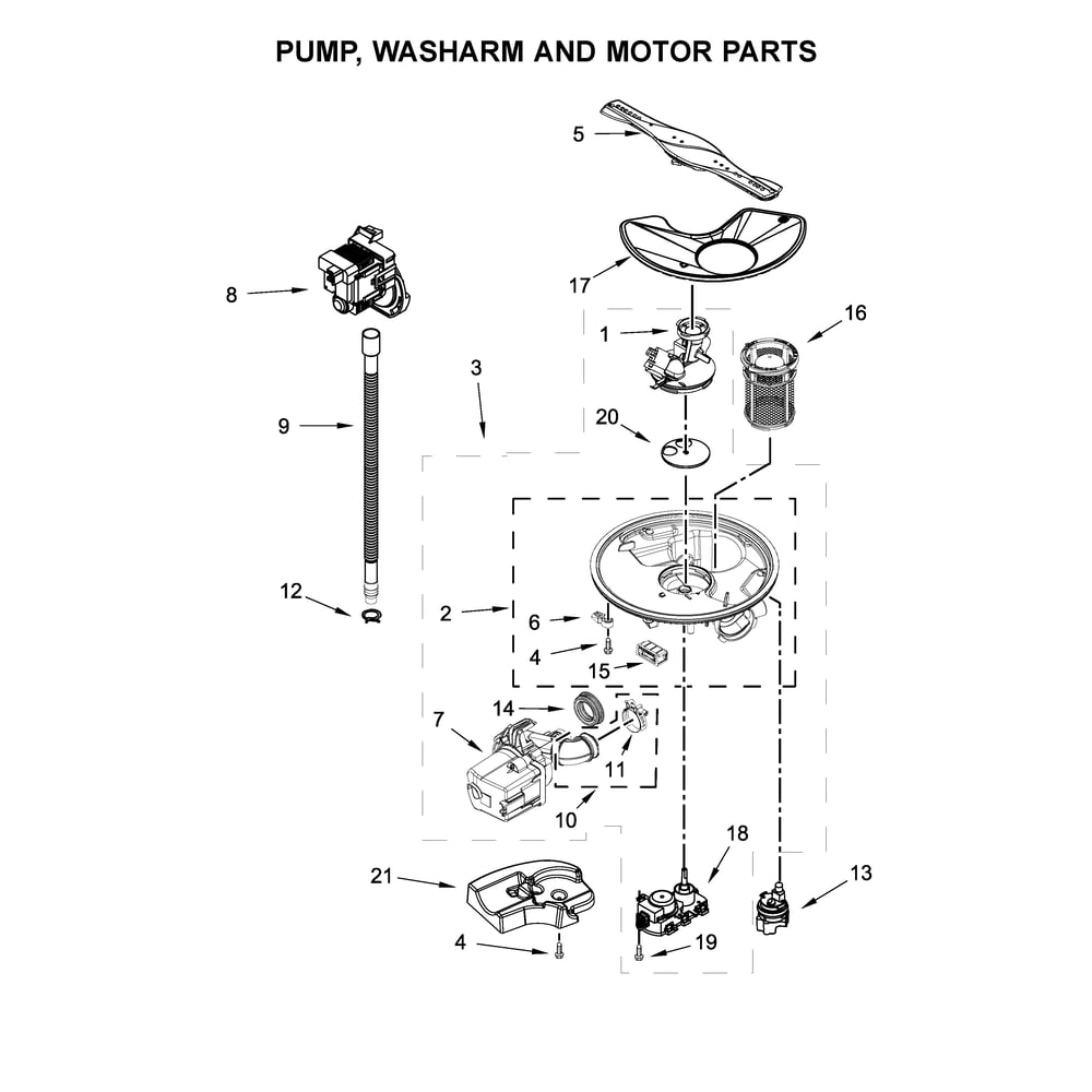 Pump, Washarm And Motor Parts Diagram and Parts List for 2214573N612  Kenmore Dishwasher