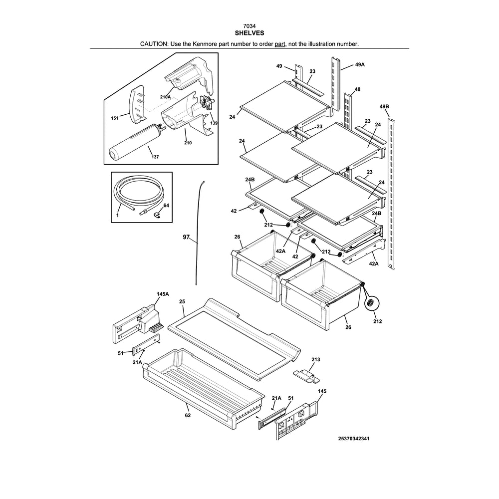 Shelves Diagram and Parts List for 2537034341E  Kenmore Refrigerator
