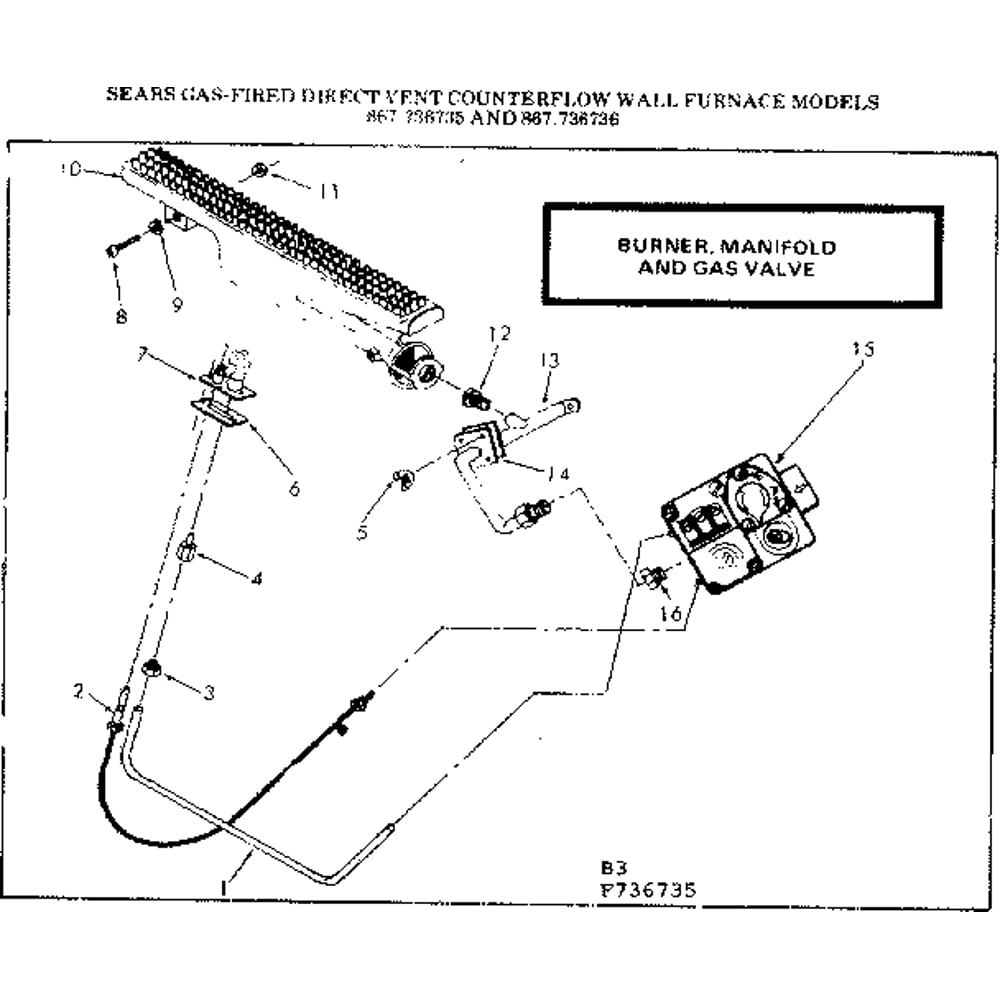 Burner Manifold And Gas Valve Diagram and Parts List for 867736736  Kenmore Furnace