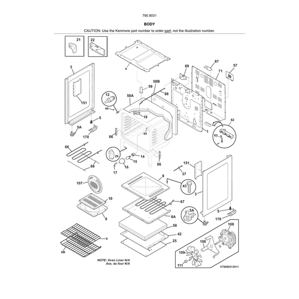 Body Diagram and Parts List for 79090312011  Kenmore Range