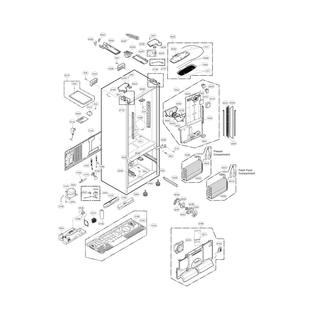 Case Parts Diagram and Parts List for 79572069313  Kenmore Refrigerator