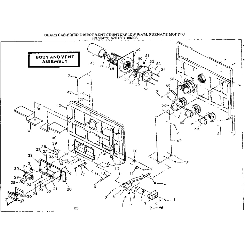 Body And Vent Assembly Diagram and Parts List for 867736736  Kenmore Furnace