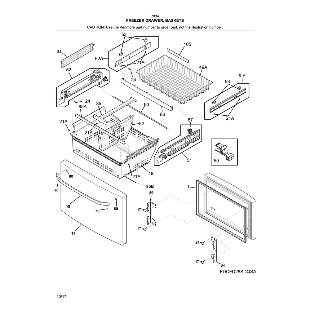 Freezer Drawer, Baskets Diagram and Parts List for 2537034341E  Kenmore Refrigerator