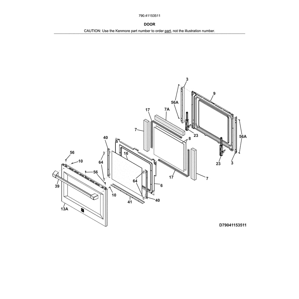 Door Diagram and Parts List for 79041153511  Kenmore Wall Oven