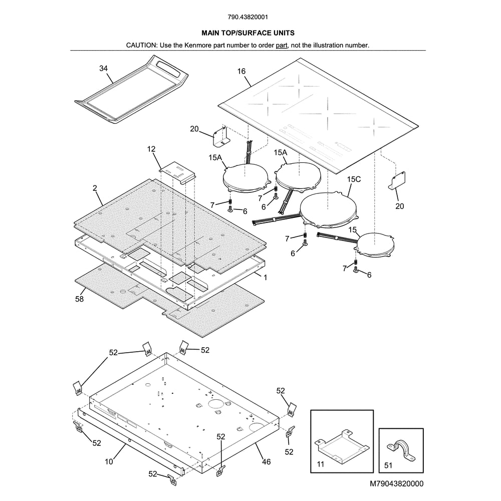 Main Top/Surface Units Diagram and Parts List for 79043820001  Kenmore Cooktop