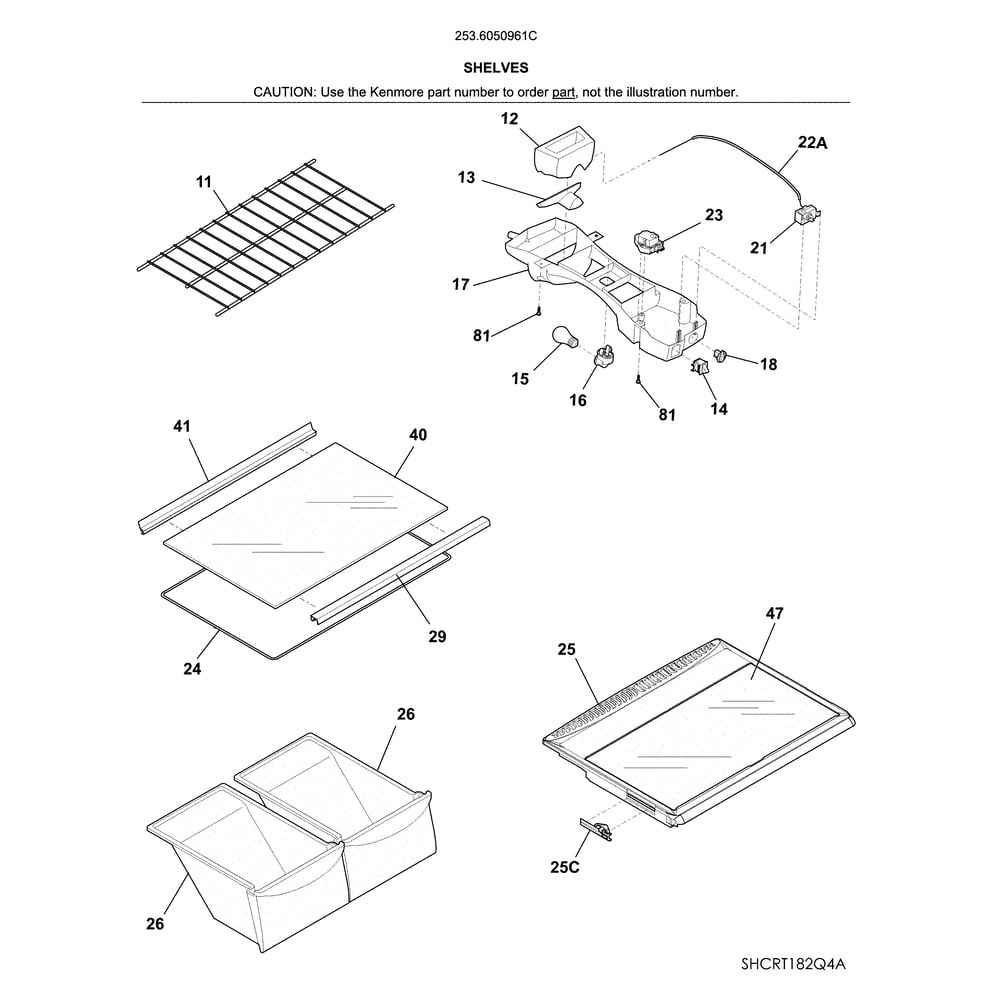 Shelves Diagram and Parts List for 2536050961C  Kenmore Refrigerator