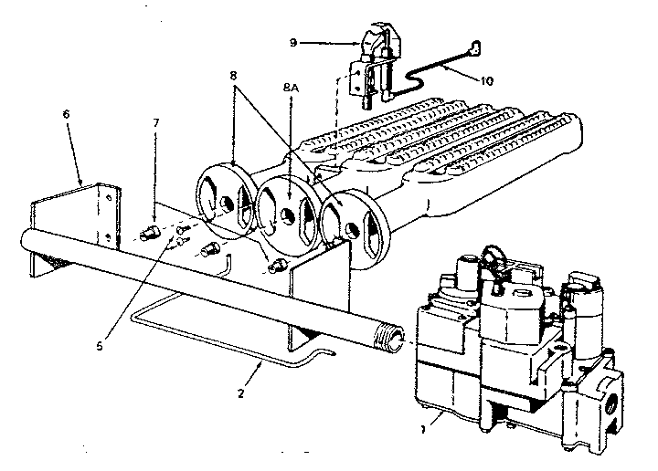 Gas burners and manifold Diagram and Parts List for 229965290  Kenmore Water Heater
