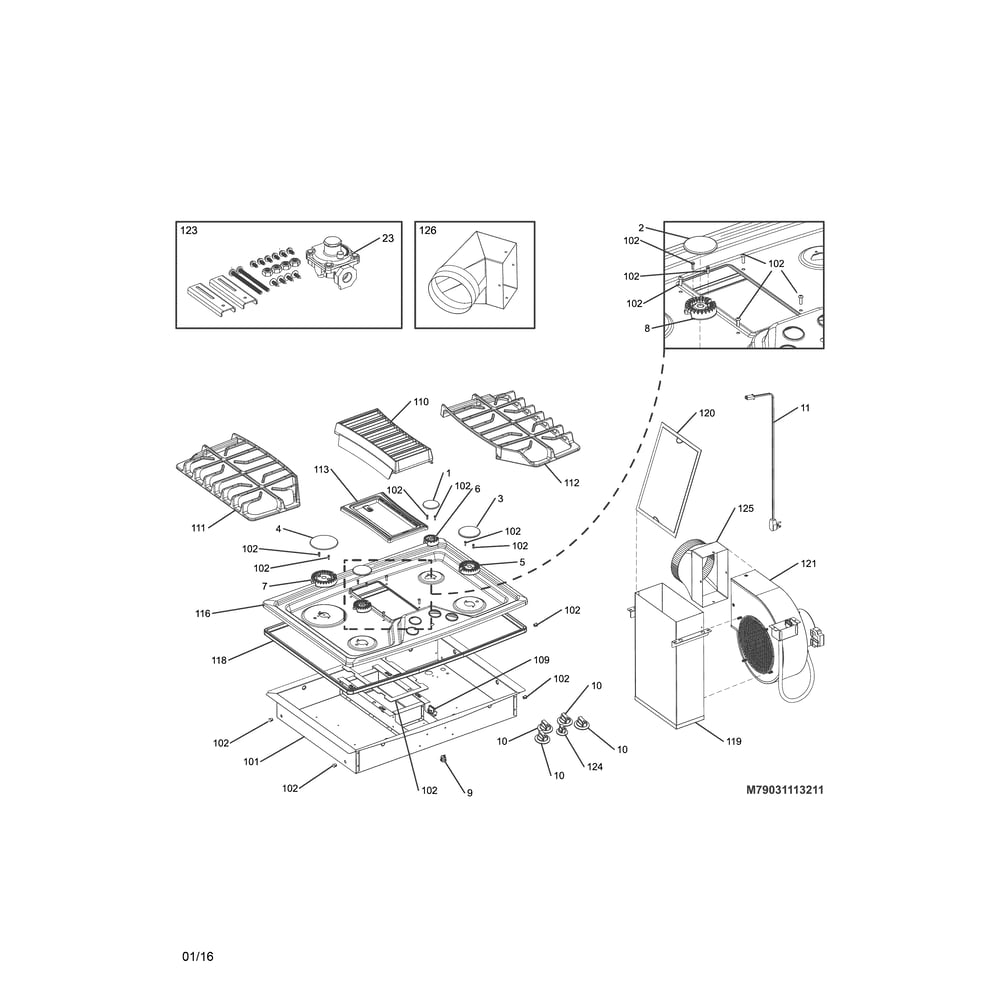 Main Top Diagram and Parts List for 79031113510  Kenmore Cooktop