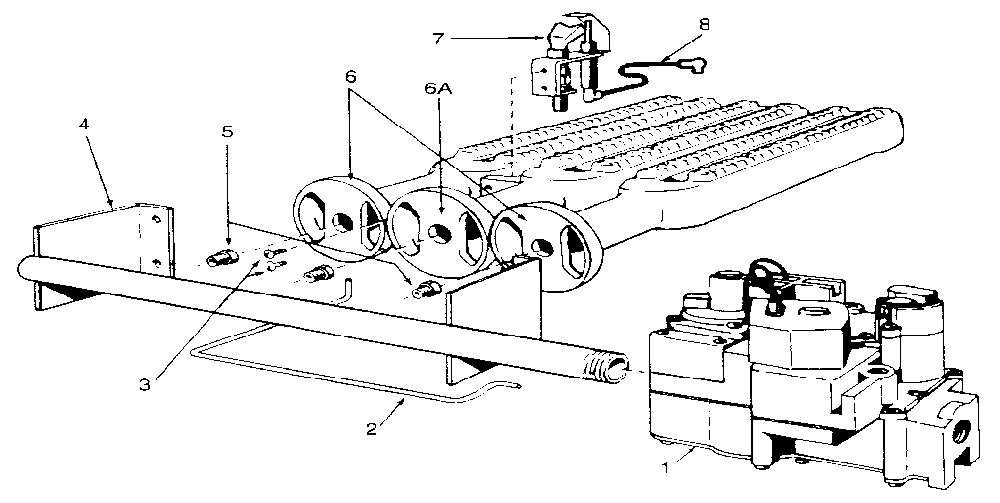 Gas burners and manifold Diagram and Parts List for 229960030  Kenmore Water Heater
