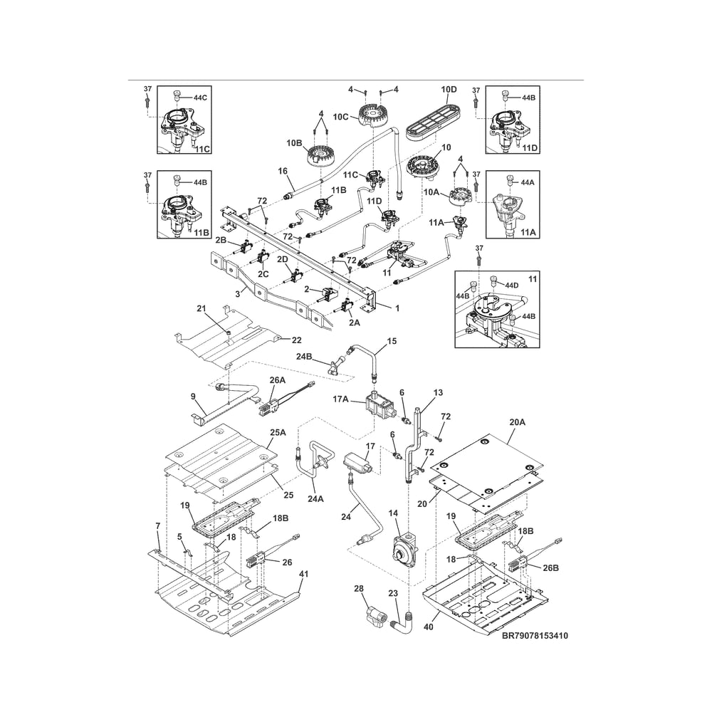 Burner Diagram and Parts List for 79075423410  Kenmore Range