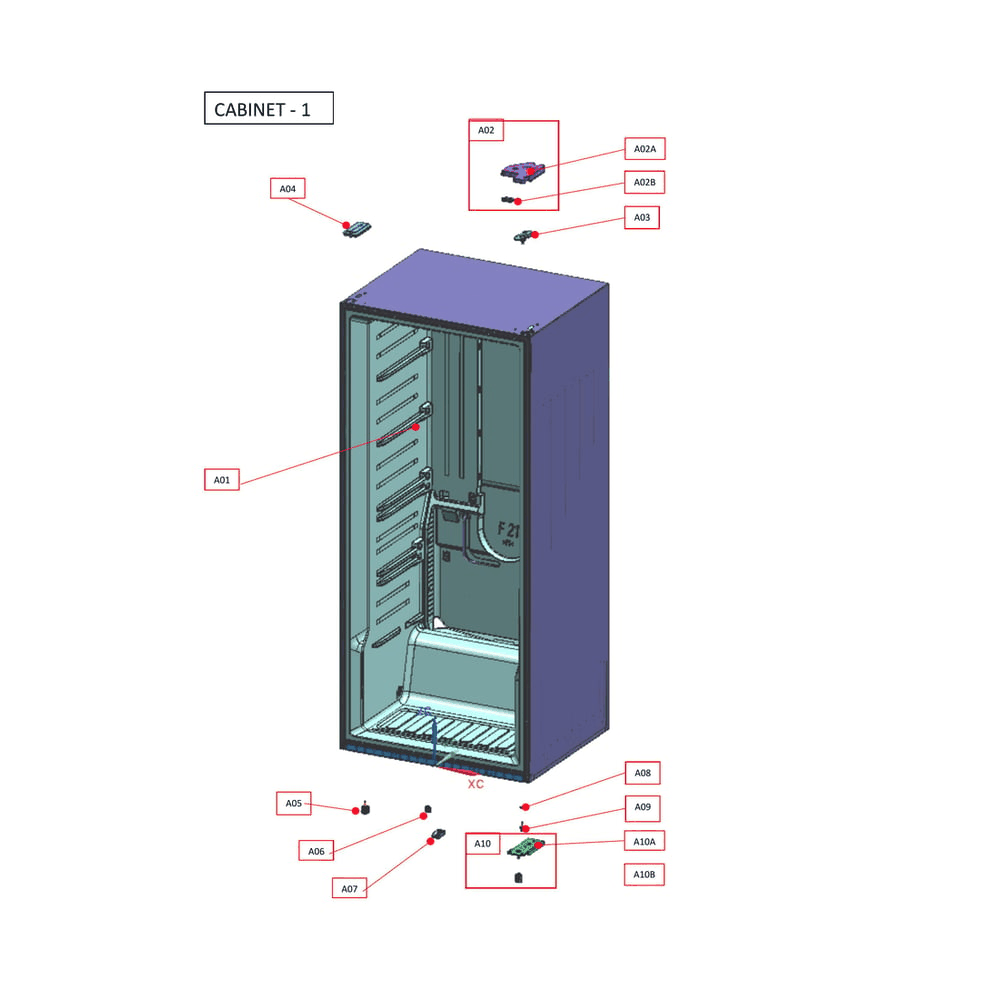 Cabinet Diagram and Parts List for KRFU021AWE0  Kenmore Freezer