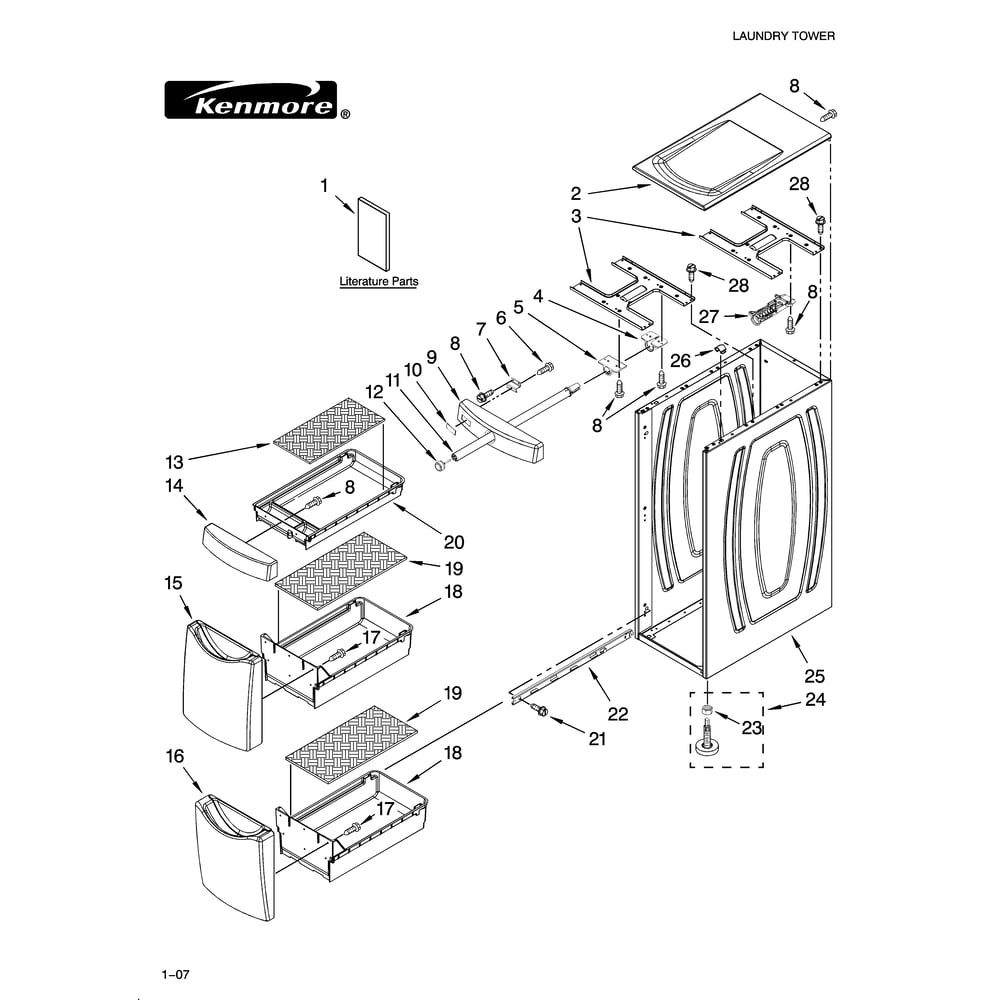 Cabinet And Drawer Parts Diagram and Parts List for 11010048600  Kenmore Laundry Accessories