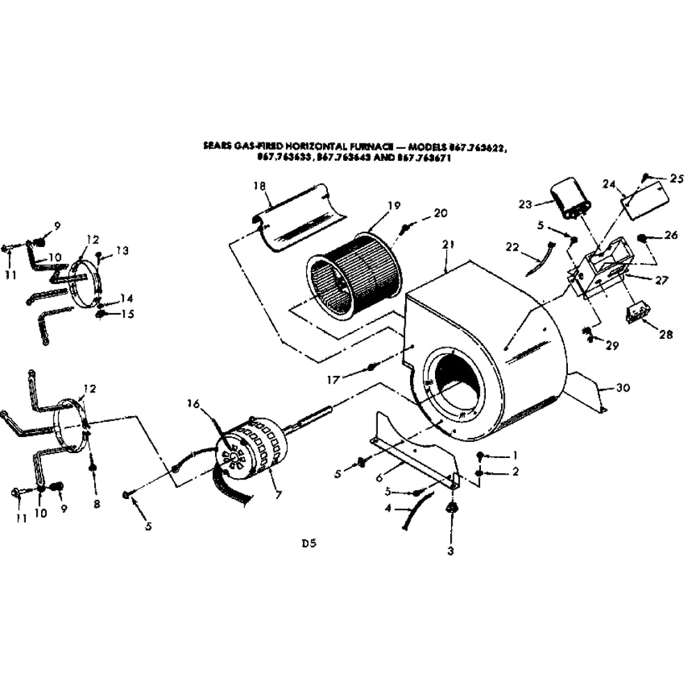 Blower Assembly Diagram and Parts List for 867763633  Kenmore Furnace