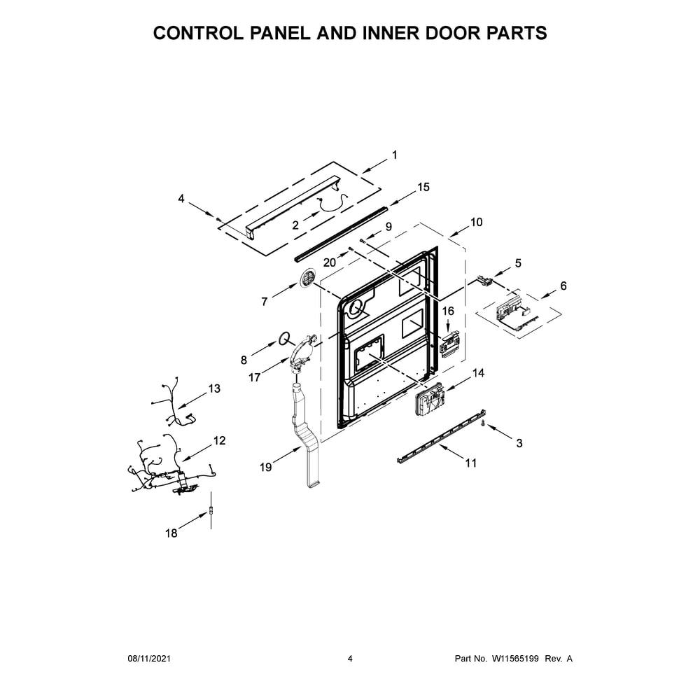 Control Panel And Inner Door Parts Diagram and Parts List for 66514875N120  Kenmore Dishwasher