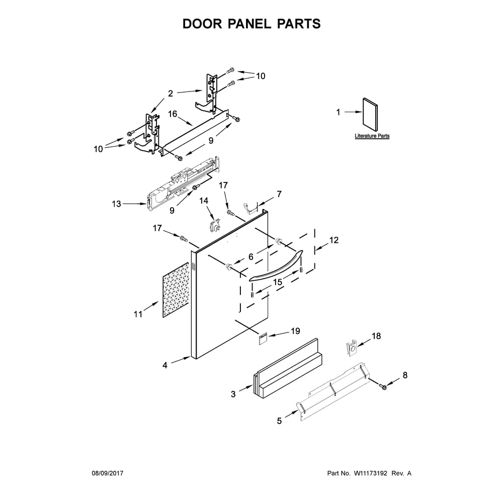 Door Panel Parts Diagram and Parts List for 2214799N512  Kenmore Dishwasher