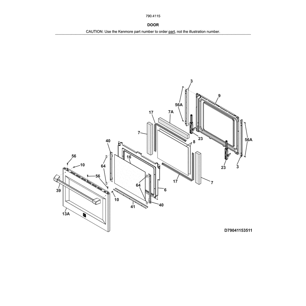 Door Diagram and Parts List for 79041153513  Kenmore Wall Oven