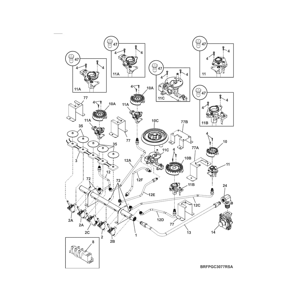 Burner Diagram and Parts List for 79032703410  Kenmore Cooktop