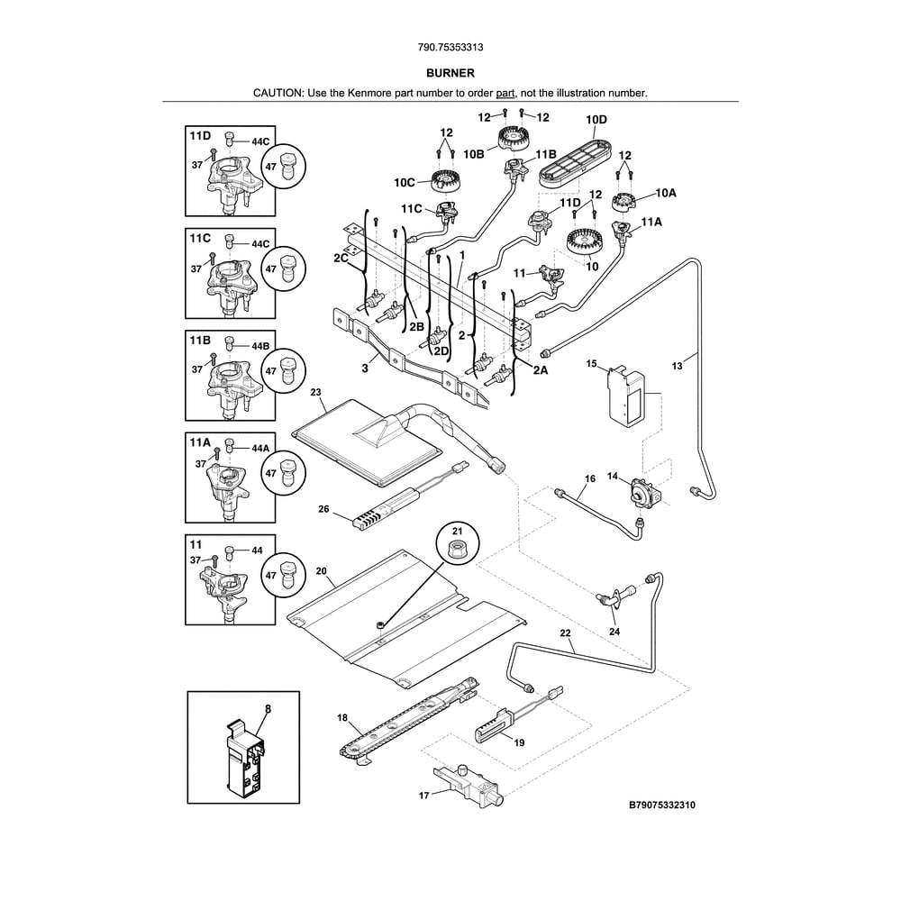 Burner Diagram and Parts List for 79075353313  Kenmore Range