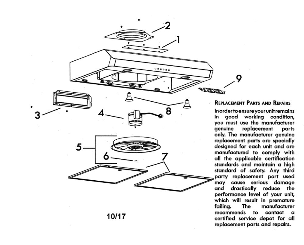 Range Hood Diagram and Parts List for 23351289710  Kenmore Range Hood
